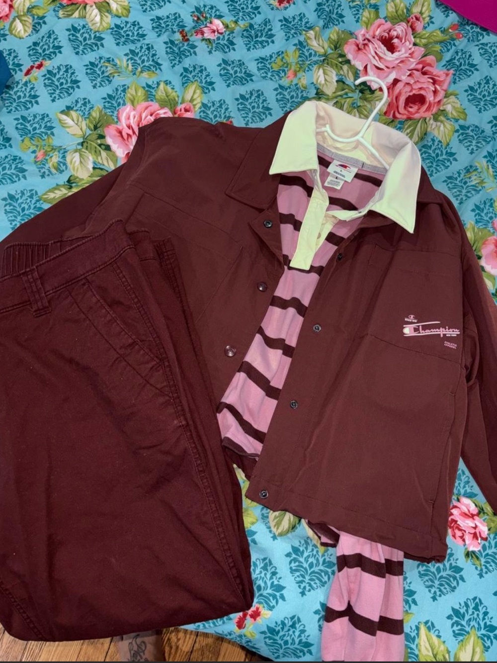 Champion Maroon Lightweight Coach Jacket with Pink-Striped Polo